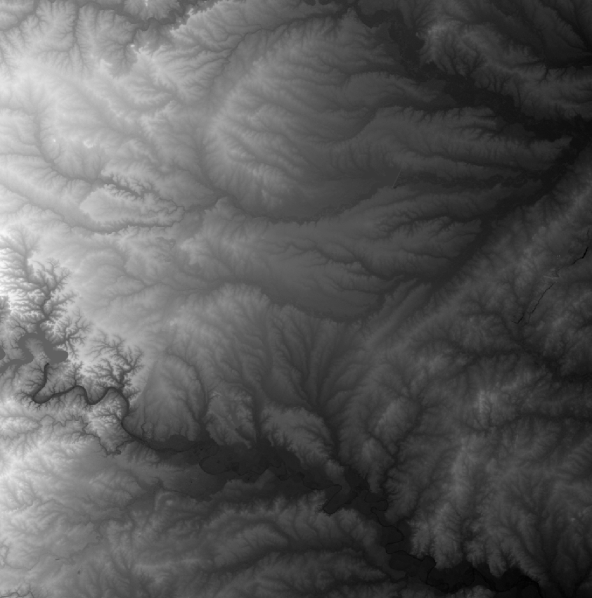 Rendering of a DEM file from the SRTM3 dataset showing elevation near Austin, Texas