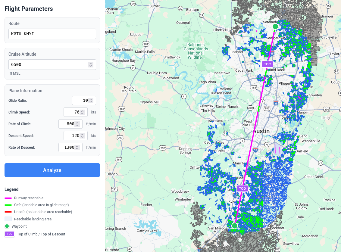 UI showing a flight between KGTU and KHYI.