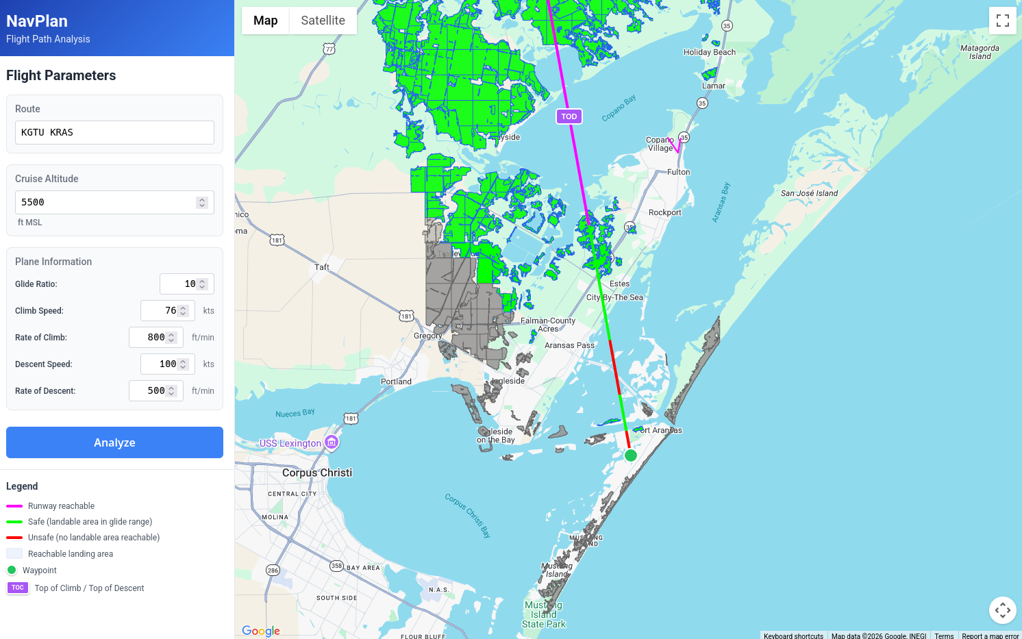 Image showing a stretch of the flight plan where we don't have any good ditching options over water.